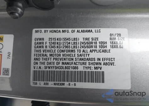 2020 Honda Pilot 2Wd Ex из США, поврежденный, VIN 5FNYF5H33LB021086